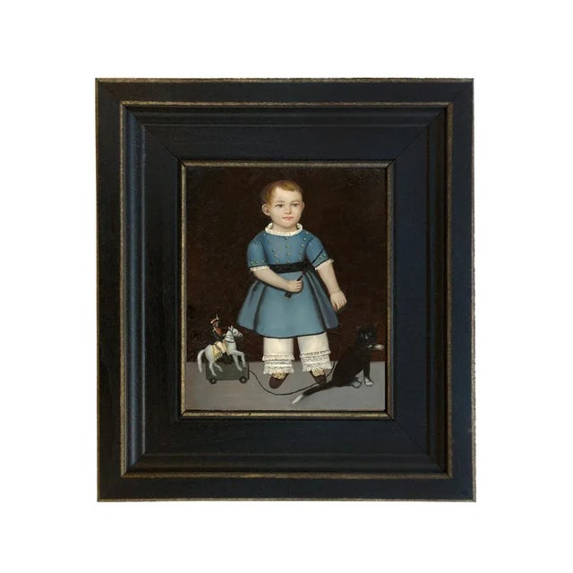 Boy With Toy Soldier Painting Reproduction Print on Canvas in Distressed Black Solid Ash Frame For Sale