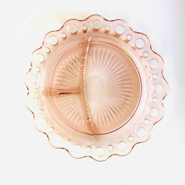 Vintage Pink Depression Glass Divided Lace Edge Plate For Sale In New York - Image 6 of 6