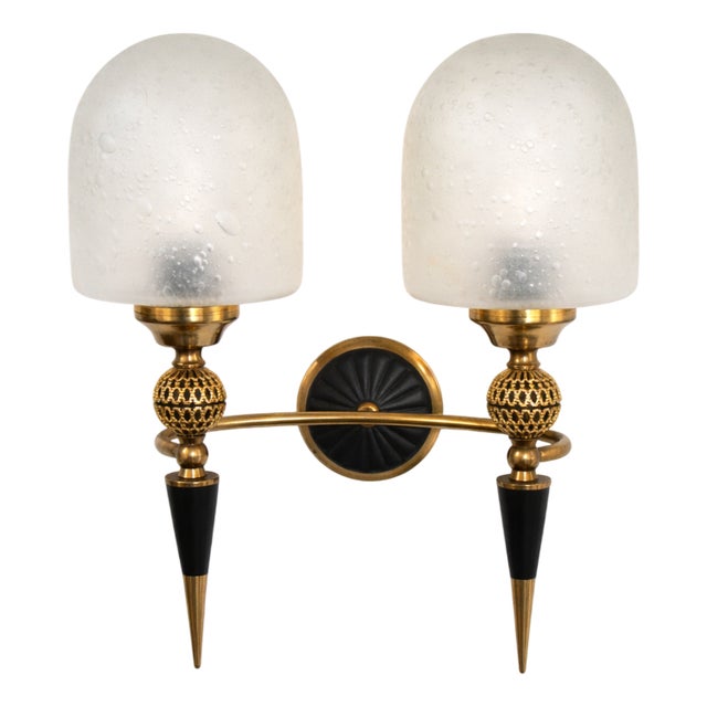 Mid-Century Brass and Glass Wall Lamp, 1950s For Sale