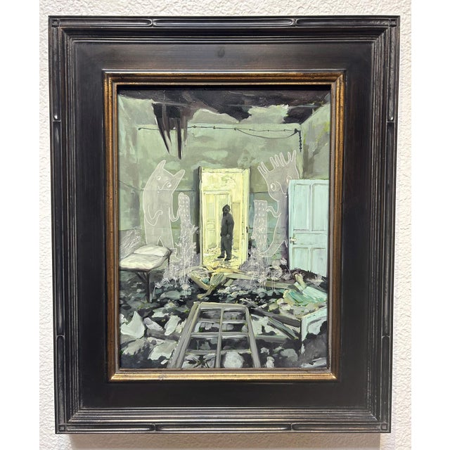 Lazareto by Nadezda | Oil on panel depicting a figure in a dilapidated room with ghostly figures. For Sale - Image 4 of 5