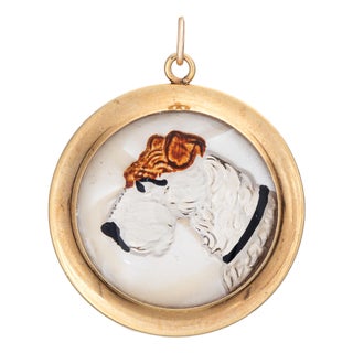 Antique Essex Crystal Fox Terrier Pendant 14k Yellow Gold Charm Dog Jewelry For Sale