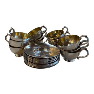 Italian Silver-Plate Tea Cup and Saucer Set, 12 Pieces, Mid-Century For Sale