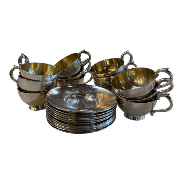 Italian Silver-Plate Tea Cup and Saucer Set, 12 Pieces, Mid-Century For Sale