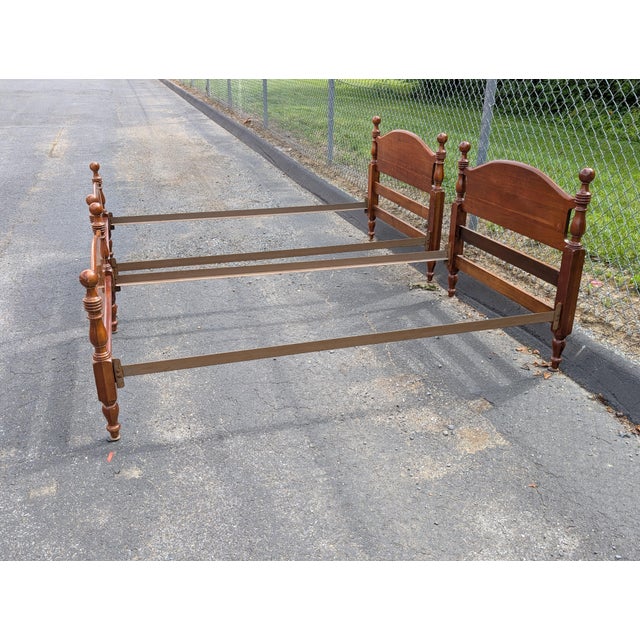 Wood Vintage Cannonball American Colonial Carved Cherry Wood Twin Size Bedframe - A Pair For Sale - Image 7 of 11