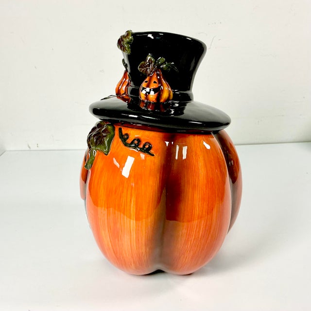 1990s Vintage Americana Boho Chic Halloween Jack-O-Lantern Ceramic Cookie Jar For Sale - Image 6 of 13
