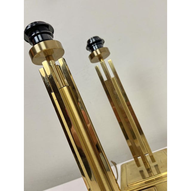Goldenrod Regency Skyscraper Style Brass Table Lamps, 1970s, Set of 2 For Sale - Image 8 of 16