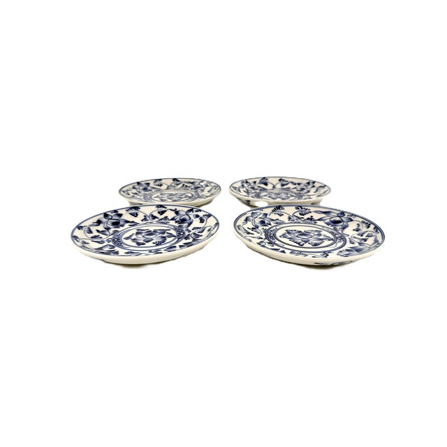 Blue Set of 4 Bat Trang Vietnamese Ceramic Dessert/Salad Plates With Blue & White Lotus Floral Motifs For Sale - Image 8 of 8