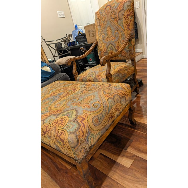 Chaddock Guy Chaddock & Co. Westbourne Collection Carved Armchair and Ottoman in Paisley Tapestry With Nailhead Trim For Sale - Image 4 of 12