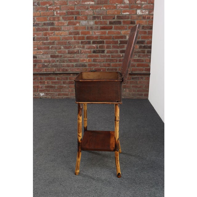 Antique Aesthestic Movement Stained Oak Sewing / Decorative Box on Bamboo Stand For Sale - Image 4 of 12