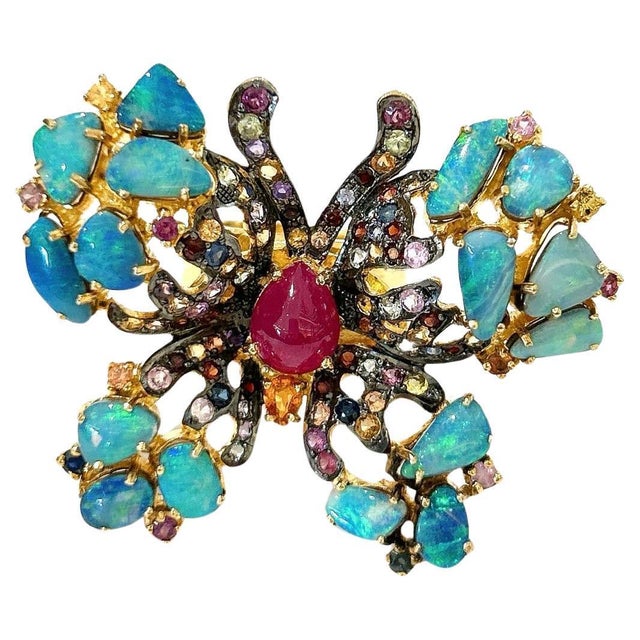 Bochic "Orient" Opal, Multi Sapphires & Ruby Ring Set In 18K Gold & Silver For Sale - Image 15 of 18