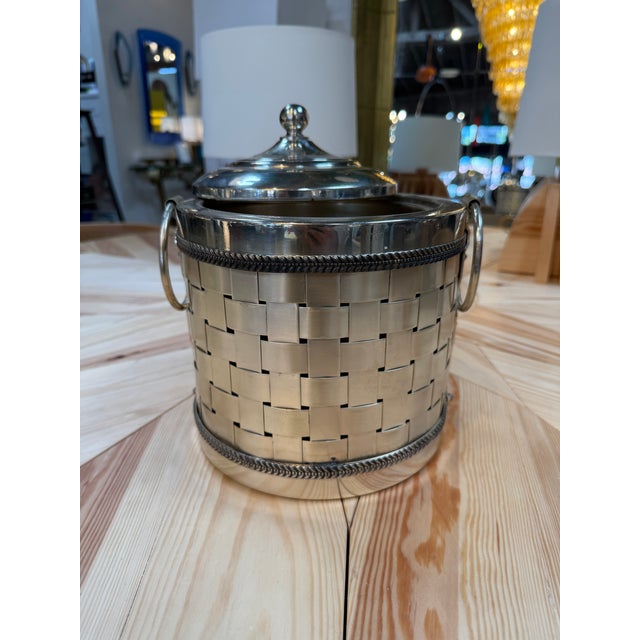 Vintage Silver-Plated Woven Metal Ice Bucket With Lid For Sale - Image 4 of 9