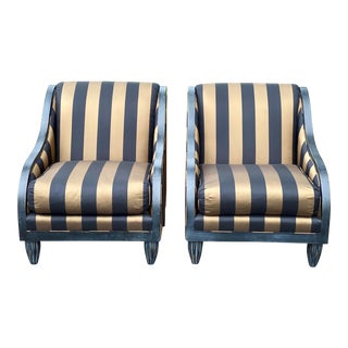 Swaim Furniture Custom Black and Gold Upholstered Scroll Back Club Chairs - a Pair For Sale