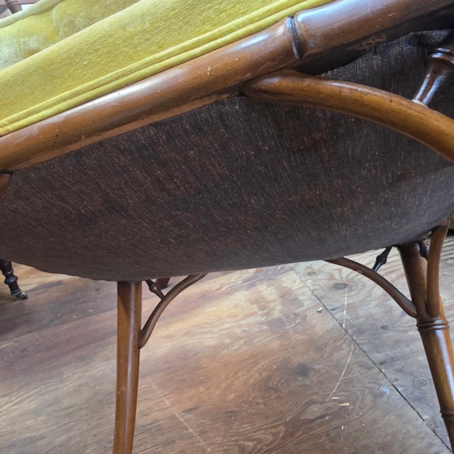 Chartreuse Italian Hollywood Regency Faux Bamboo Chinese Chippendale Mohair Velvet X-Back Armchair, Circa 1970s For Sale - Image 8 of 9