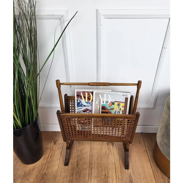 Mid-Century Italian Cane Rattan and Wood Magazine Rack, 1960s For Sale - Image 3 of 8