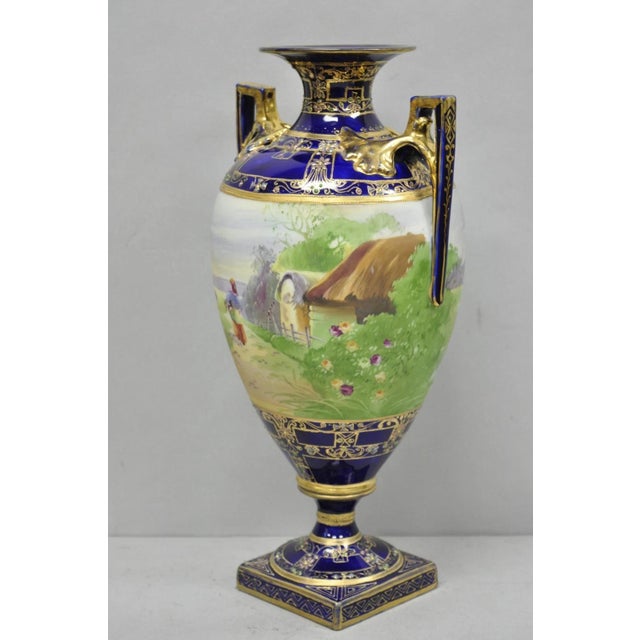 Antique Nippon Hand Painted Cobalt Blue Porcelain Twin Handle Bolted Urn Vase For Sale - Image 10 of 18