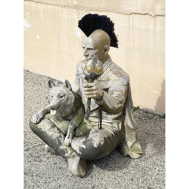 Vintage Life Size Native American Indian Fiberglass Seated Chief and Wolf Statue For Sale - Image 12 of 12