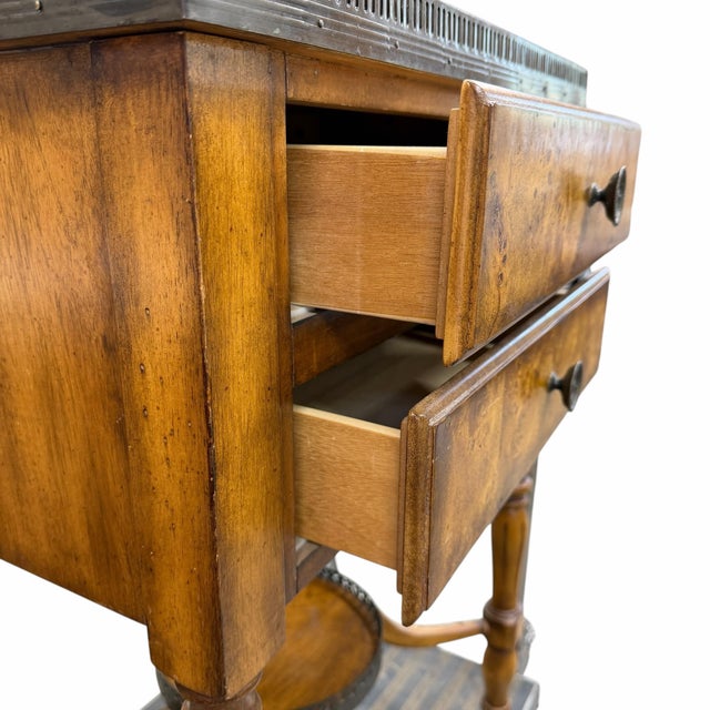 Vintage Two Drawer Birds Eye Wood Brass Gallery Drinks or Side Table For Sale - Image 11 of 11