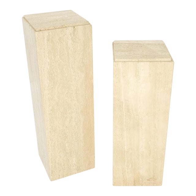 10" Square Italian Mid Century Modern Travertine Pedestals Stands - A Pair For Sale