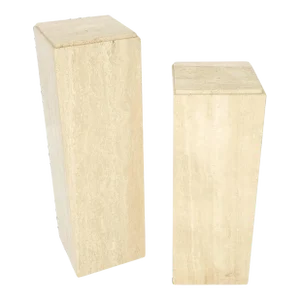 10" Square Italian Mid Century Modern Travertine Pedestals Stands - A Pair