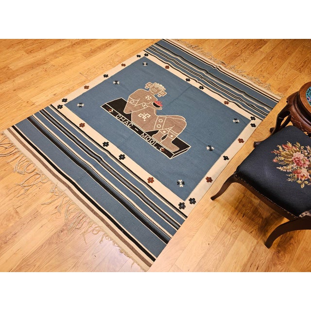 Vintage Southwestern Texcoco Saltillo Blanket Kilim, Mexican Deity Motif, Royal Blue, 4x6 For Sale In Chicago - Image 6 of 16