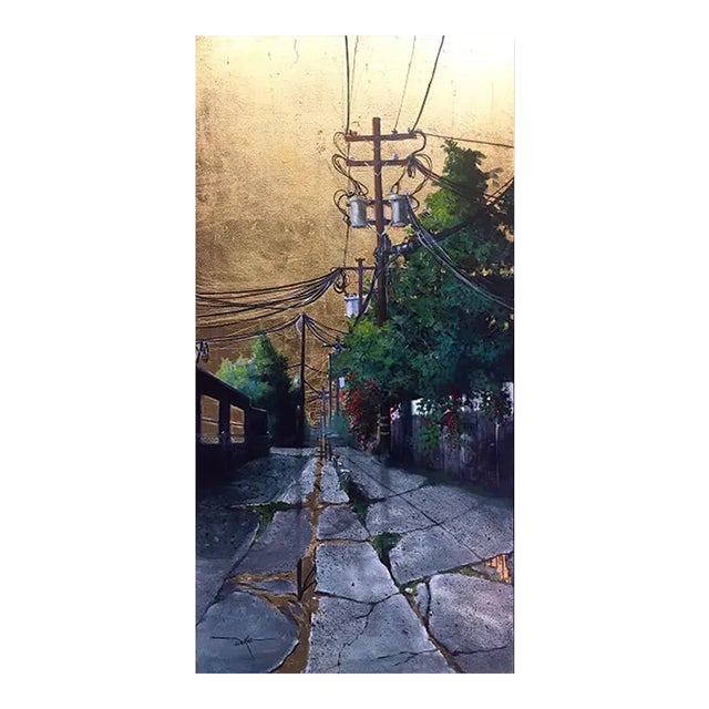 Original Realist Cityscape Mixed-Media Painting, "Cracked Reflections" For Sale