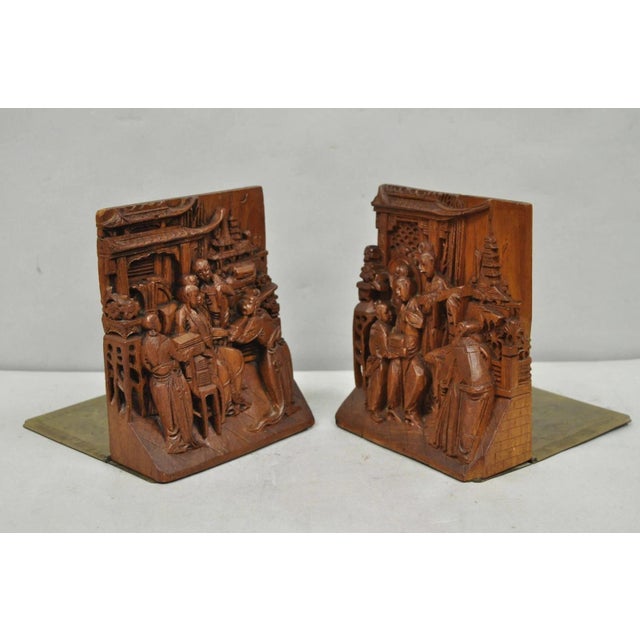 Vintage Chinese Hand Carved Hard Wood & Floral Etched Brass Scholar Bookends by George Zee (unmarked) - a Pair. Circa Mid...
