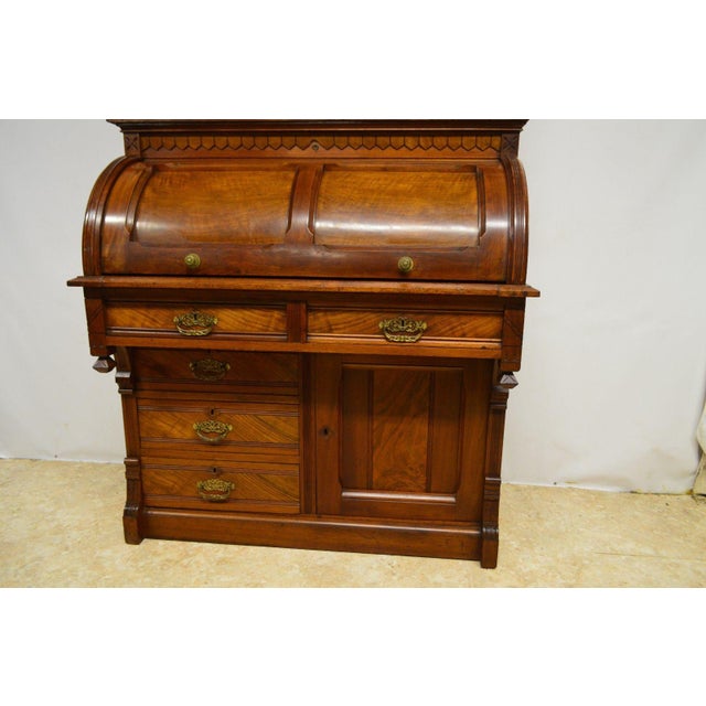 Antique 1800's Victorian Walnut Secretary Cylinder Roll Top Desk W