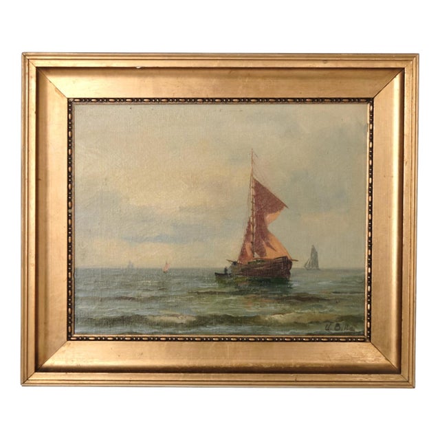 Marine Scene with Sailing Ship, 1890s-1910s, Painting on Canvas, Framed For Sale