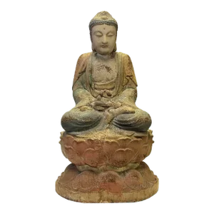 Rustic Wood Sitting Gautama Amitabha Shakyamuni Buddha Statue