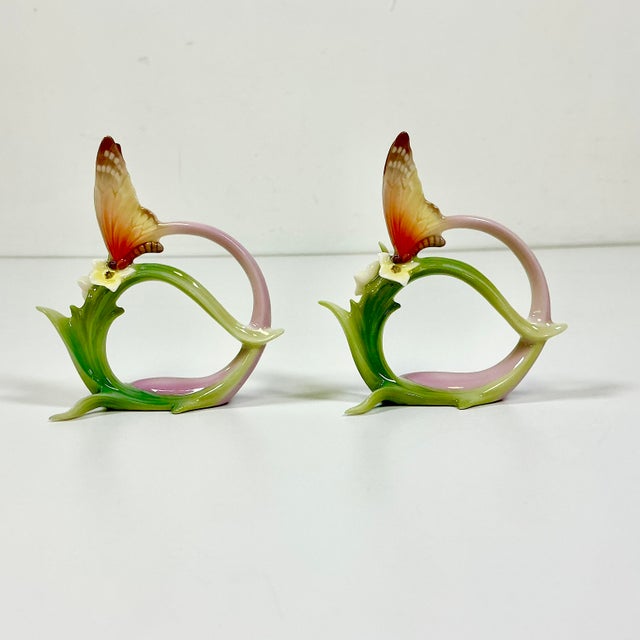 Vintage Minimalist Japanese Hollywood Regency Majolica Butterfly Flora Porcelain Napkin Rings - Set of 12 For Sale - Image 9 of 18