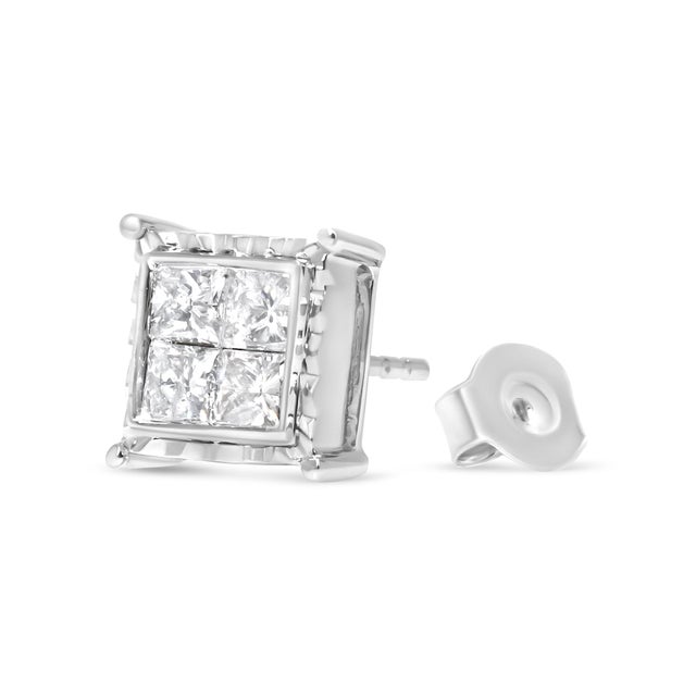 Early 21st Century 14K White Gold Princess-Cut Diamond Wavy Quad Stud Earrings, A Pair For Sale - Image 5 of 6