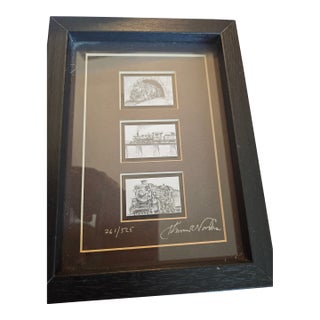 Vintage Framed, Multi-Aperture Limited Edition Lithograph Print Featuring Pencil Sketches, Steam Locomotives by Thomas R. Voorhis For Sale