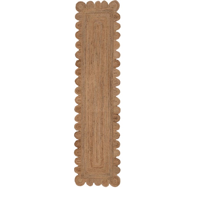 Natural Color Jute Scallop Handmade Bohomian Rug Runner 3'x12' For Sale