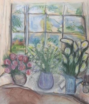 Vintage Modernist Window & Flower Still Life Pastel Painting