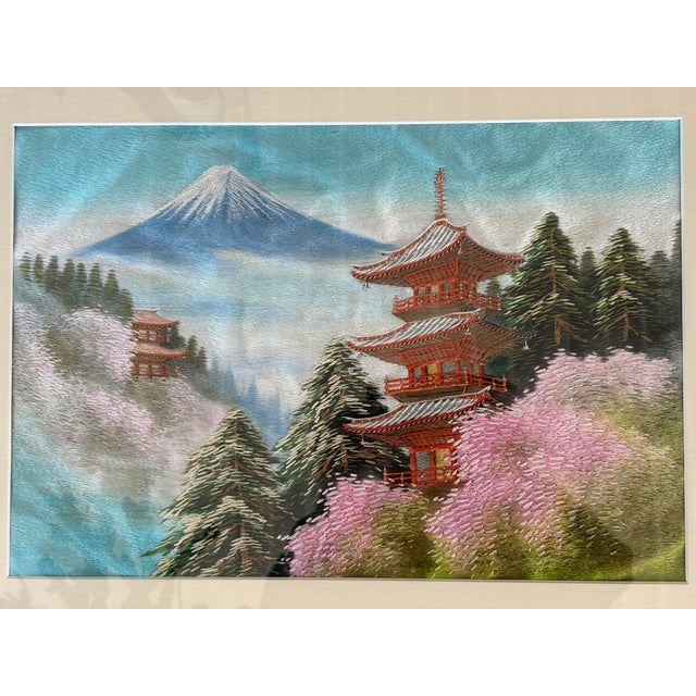Japanese Vintage Japanese Silk Embroidery of Mount Fuji With Pagodas, Framed For Sale - Image 3 of 8