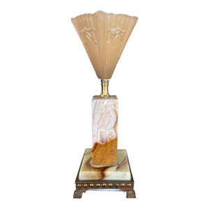 1930s French Art Deco Style Table Lamp With Molded Peach Glass Fan Shade and Bronze Toned Footed Base
