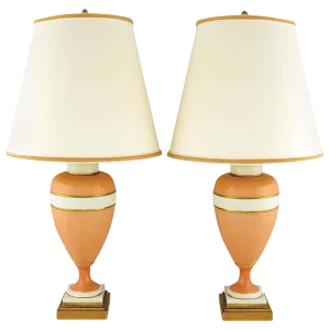Marbro Coral and White Porcelain Neoclassical Lamps - a Pair