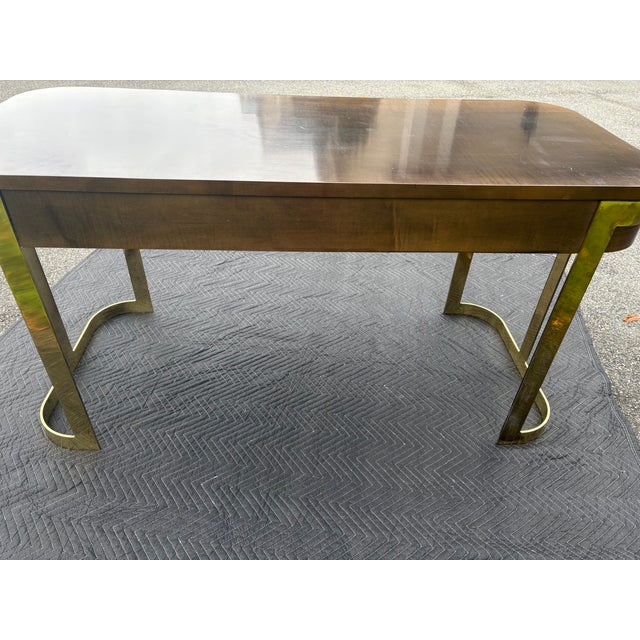 Mid-Century Modern Floating-Top Walnut Desk With Brass Base by John Stuart For Sale - Image 10 of 16