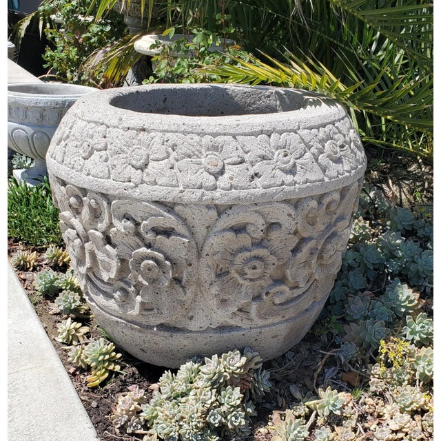 Vintage Stone Carved Balinese Garden Pot For Sale - Image 10 of 12