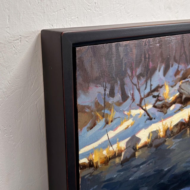 Reflection Point by Judd Mercer | Oil on Wood Panel Person walking on a log over a stream in winter. For Sale - Image 4 of 4