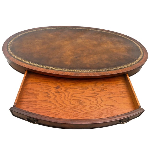 Wood Vintage Weiman Mahogany Oval Coffee Table Brown Tooled Leather Top Federal Style For Sale - Image 7 of 14