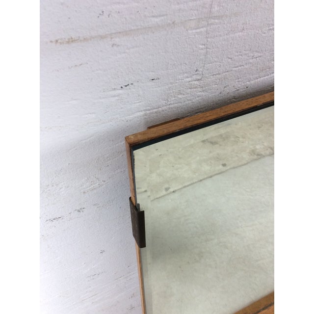 Mid Century Modern Rectangular Mountable / Wall Mirror With Beveled Edge and Limed Oak Detailing at Bottom For Sale - Image 4 of 14