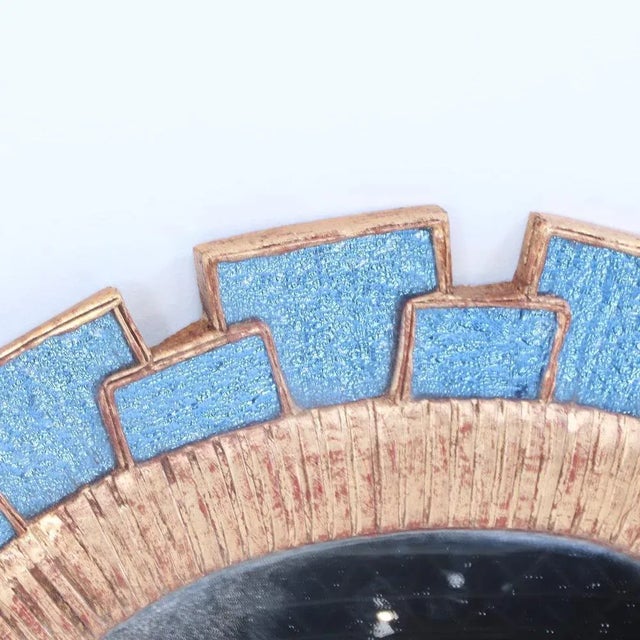 Contemporary A Blue Glass and Resin Convex Mirror Having Textured Glass Arranged in a Geometric Fashion in the Manner of Line Vautrin. Contemporary. For Sale - Image 3 of 5