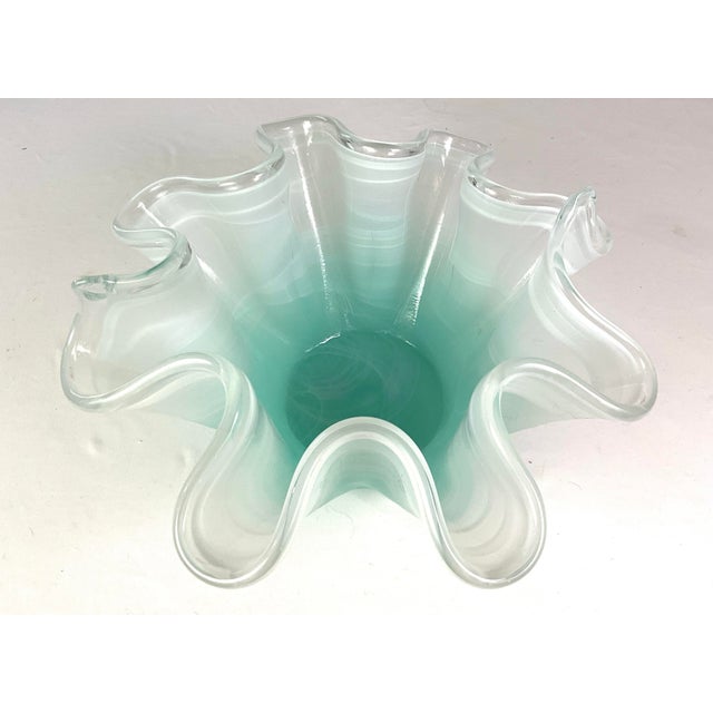 Sky Blue 1970s Murano Style, Art Glass Aquamarine and Frosted White Ruffled Bowl For Sale - Image 8 of 8