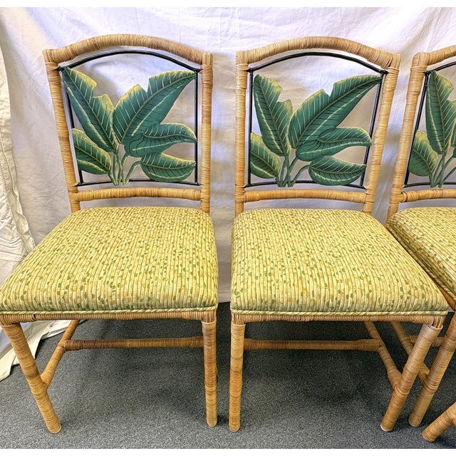 Beige Vintage McGuire Style Rattan Wrapped Dining Chairs With Banana Leaf Back Detail- Set of 6 For Sale - Image 8 of 18