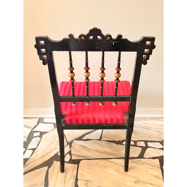 Traditional Antique Ebonized Lacquer Slipper Chair With Upholstered Seat For Sale - Image 3 of 12