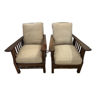Arts & Crafts Morris Style Club Chairs With Grey Flannel Plaid -a Pair For Sale