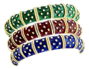 Late 20th Century Three-Piece Bangel / Cuff Set Red Green & Blue Enamel 18 Kt Gold 286 Gm, Hidalgo