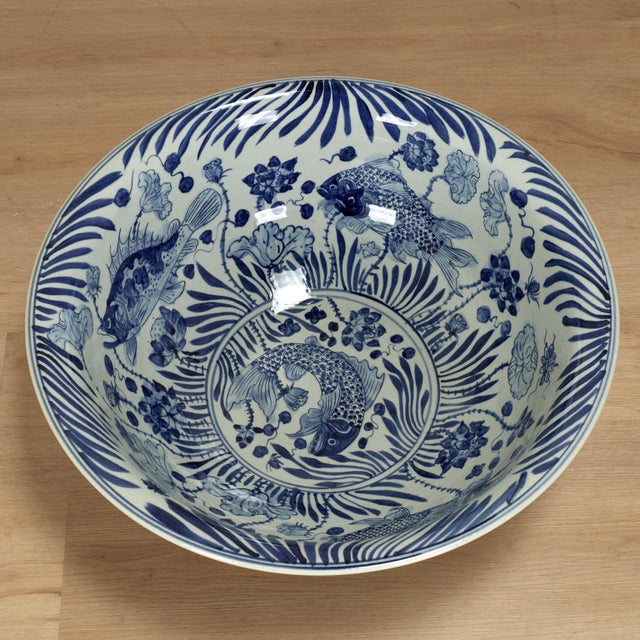Blue Large Chinese Blue and White Porcelain Fish Bowl For Sale - Image 8 of 11