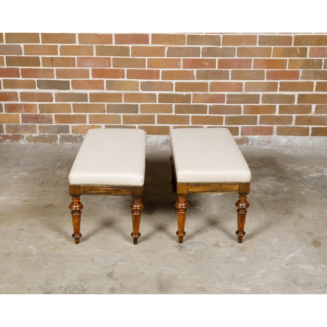 Pair of English 19th Century Oak Stools with Turned Legs and Custom Upholstery For Sale - Image 12 of 12